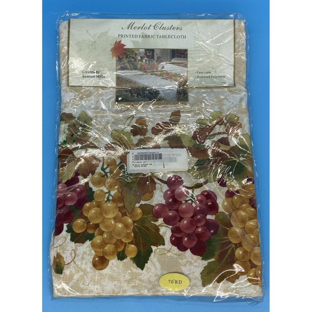Benson Mills Tablecloth Vtg New In Pkg Merlot Clusters 70" Round Textured Poly‎